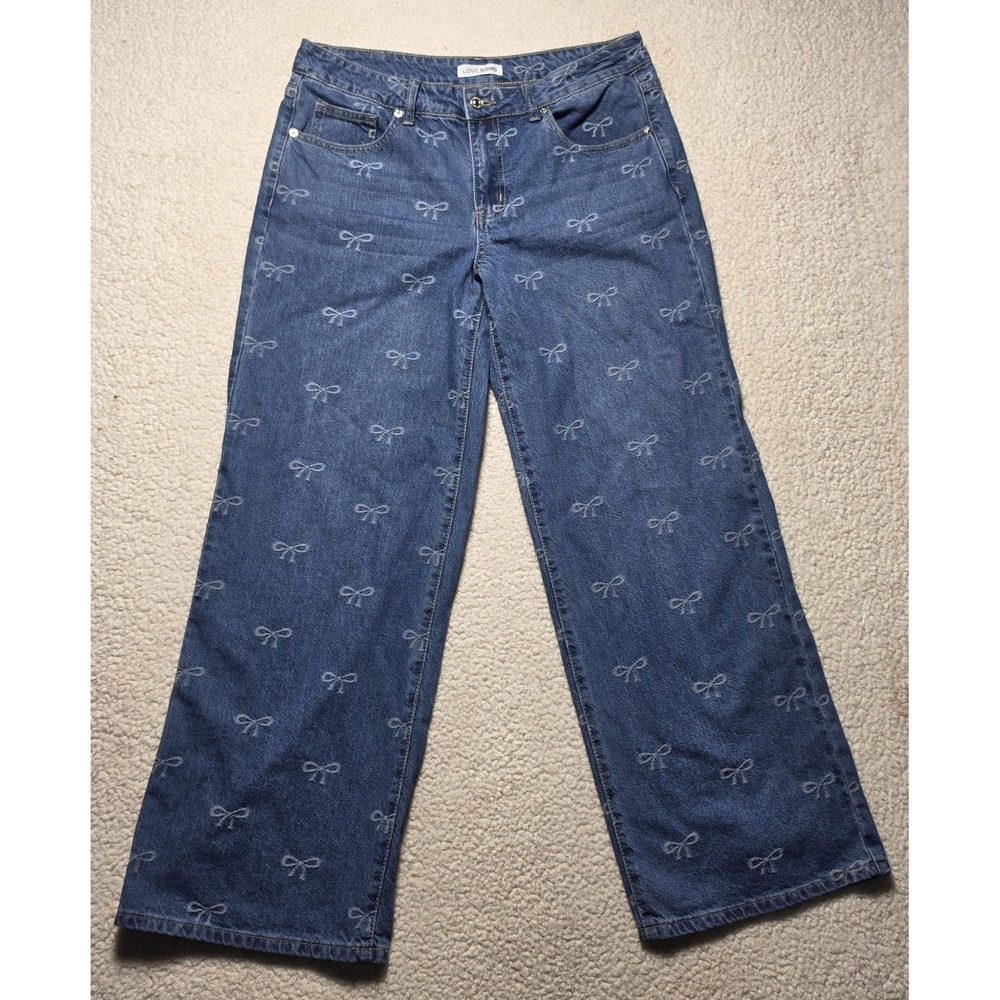 Love Soho Womens Wide Leg Jeans Blue Embroidered Bow Pattern Denim Size 13